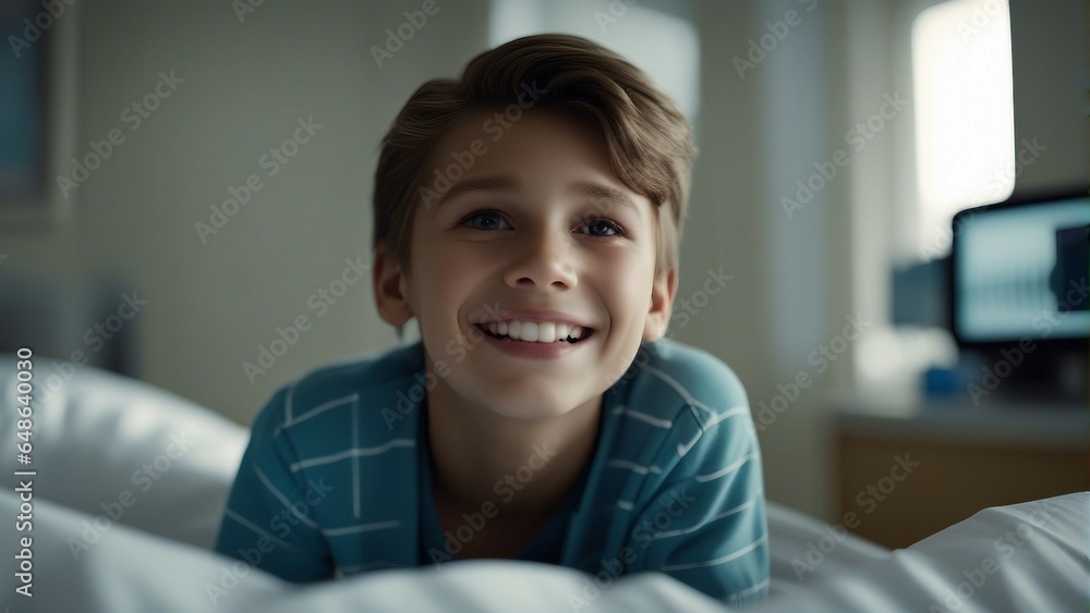 patient in a clinic hospital room on a bed receiving good news patient in a clinic hospital room on a bed receiving good news