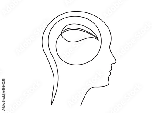 One continuous single line of human head with heart shape flower inside. Mental health concept vector illustration. Psychological therapy and treatment. World mental health day.