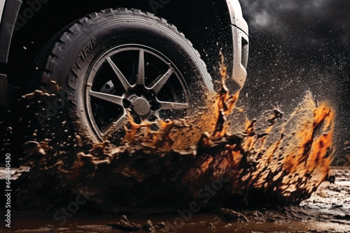 Off-road travel. Close up of a car wheels driving through mud