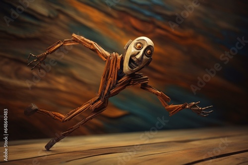 Abstract illustration: wooden puppet sprinting far, surreal concept of freedom. Generative AI
