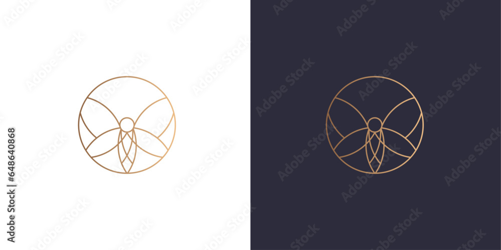 Butterfly logo, circle, minimal style identity logo mark. Golden gradient vector emblem logotype for business cards. Butterfly logo, circle, minimal style identity logo mark. Golden gradient vector emblem logotype for business cards.