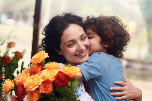 Woman embracing child while holding bouquet of colorful flowers. Love, family, and beauty of nature. Advertisements, brochures, and articles about parenting, relationships, and happiness. © vefimov