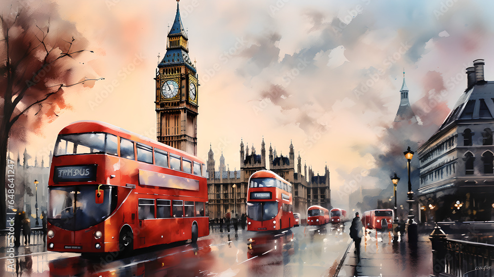 watercolor london city best city on the world - Ai generated - obrazy, fototapety, plakaty 