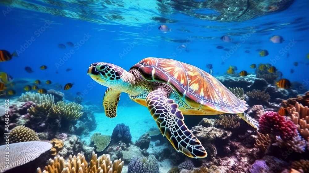 Wonderful Submerged Postcard Maldivian Ocean Turtle Coasting Up And Over Coral reef Loggerhead in wild nature living space Wonderful Submerged Postcard Maldivian Ocean Turtle Coasting Up And Over Coral reef Loggerhead in wild nature living space
