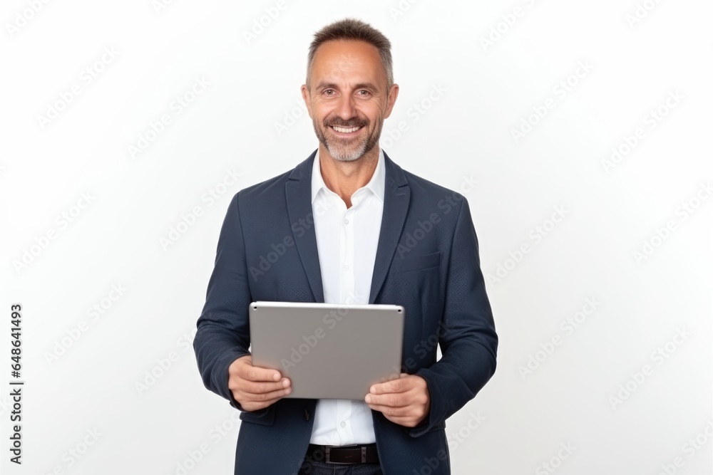 Man with tablet looking at camera on white background Man with tablet looking at camera on white background