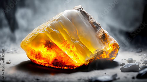 Fire and ice yellow topaz in smoky and foggy coal mine photo