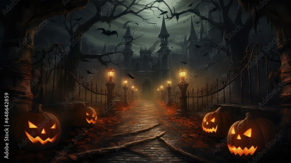 Enchanting Halloween Background with Dark Castle, Pumpkins Enchanting Halloween Background with Dark Castle, Pumpkins