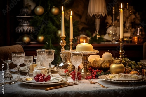 Festive table setup with decorations and settings for a Christmas feast. Generative AI