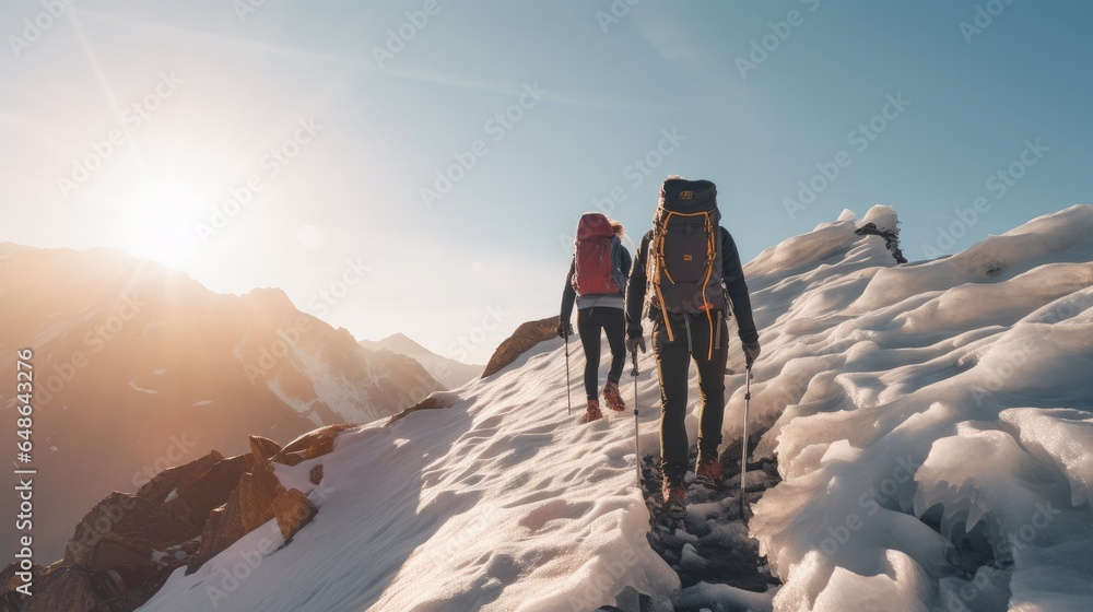 Youthful couple climbing on snowcapped mountain