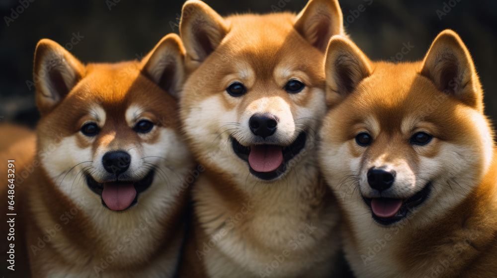 A group of red-haired shiba inu dogs close-up