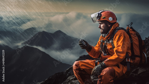 a SAR (Search and Rescue) member using a mobile phone : Background is your story telling.