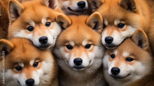 A group of red-haired shiba inu dogs close-up © Veniamin Kraskov
