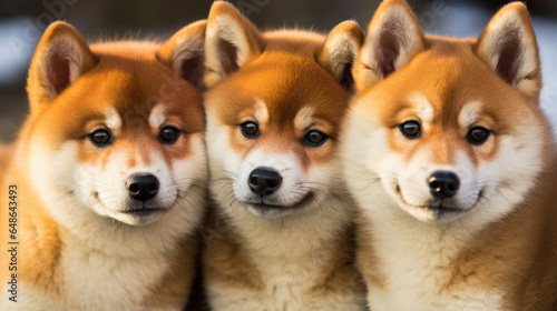 A group of red-haired shiba inu dogs close-up © Veniamin Kraskov