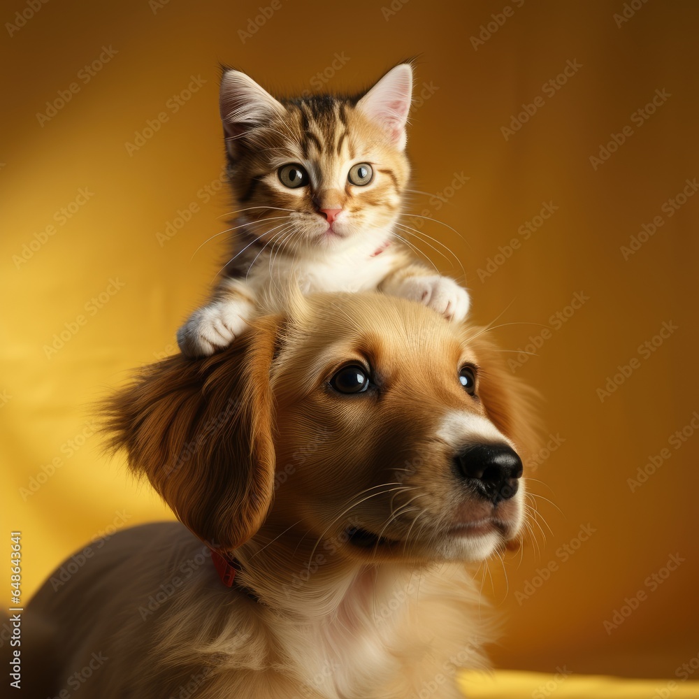Cute happy retriever puppy with little tabby kitten on his head. Home pets. Animal care. Love and friendship concept