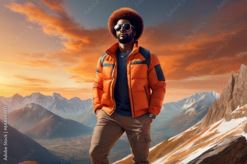 Handsome afro american man in an orange jacket and sunglasses is on the top of a mountain. A success of mountaineer reaching the summit. Sunny day and a climber on a top of a peak.