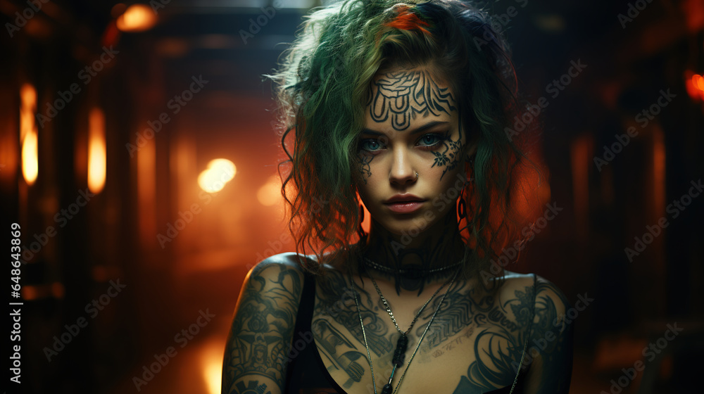 A young female model with tattoos on her face and body.