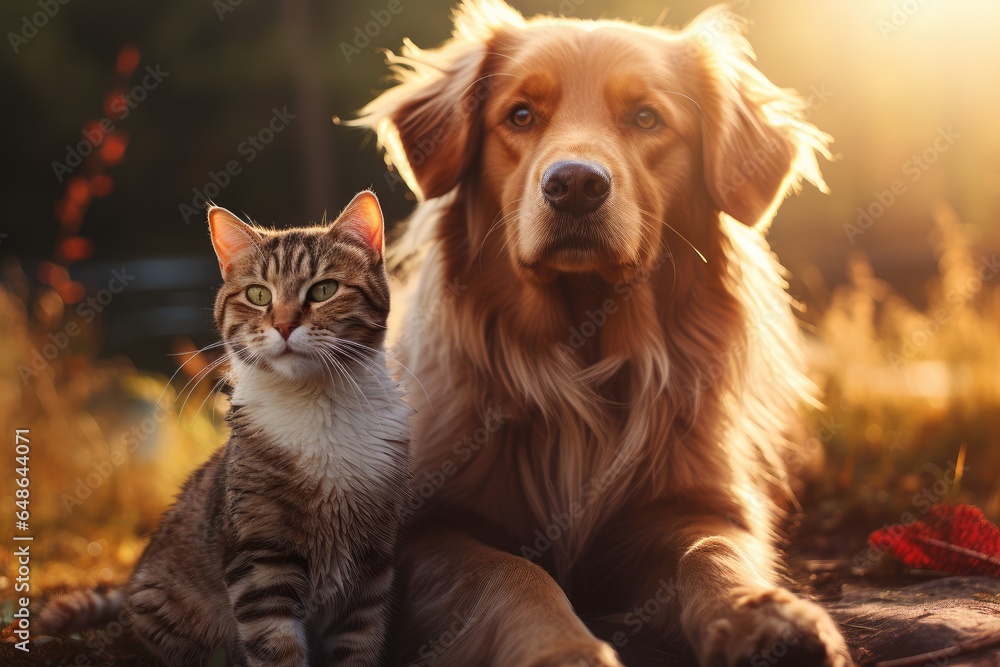 Cat and dog sitting on autumn field. Couple of friends walking in fall forest. Home pets. Animal care. Love and friendship concept