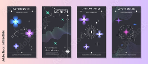 Vector insta story cosmic templates with linear shapes,blurred sparkles in 90s style.Smm banners in y2k aesthetic.Futuristic designs for social media marketing,branding,packaging