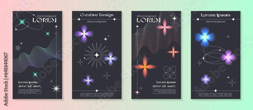 Vector insta story cosmic templates with linear shapes,blurred sparkles in 90s style.Smm banners in y2k aesthetic.Futuristic designs for social media marketing,branding,packaging