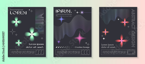 Vector abstract poster templates with linear shapes,blurred sparkles,copy space for text in 90s style.Futuristic illustrations in y2k aesthetic.Modern designs for prints,banners,social media,covers.