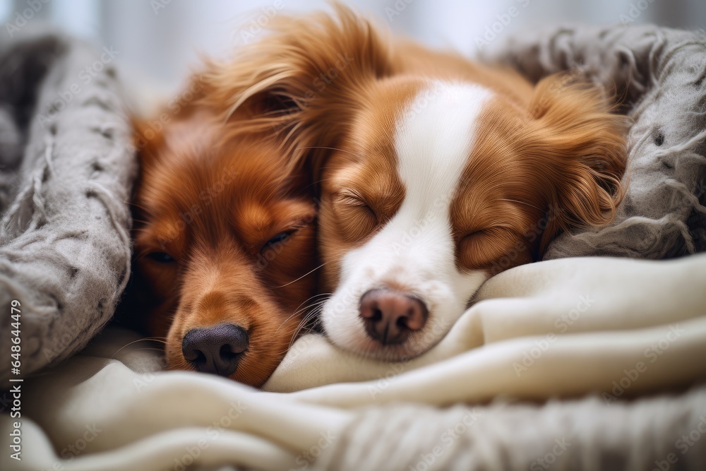 Two cute puppies sleep together under a blanket on bed at home. Border collie or sheltie breed. Beautiful little dogs. Pets sleeping. Love, Valentines day concept