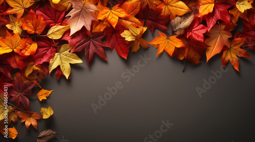 Autumn leaves and wooden floor, top view. Background with margins. Copyspace background. 