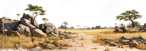 Savanna with faded grass and rocks, cut out