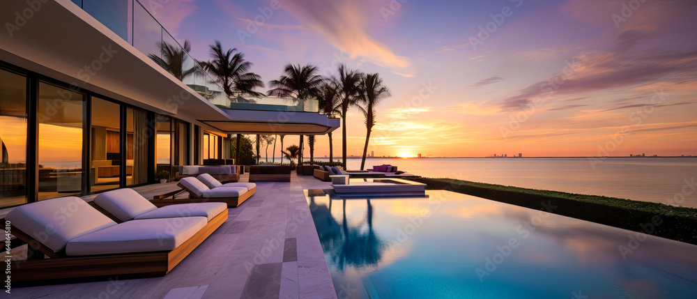  Illustration of a luxury vacation home with a swimming pool and palm trees. The mansion has mood lighting to complement a beautiful sunset and is great for a relaxing summer vacation - obrazy, fototapety, plakaty 