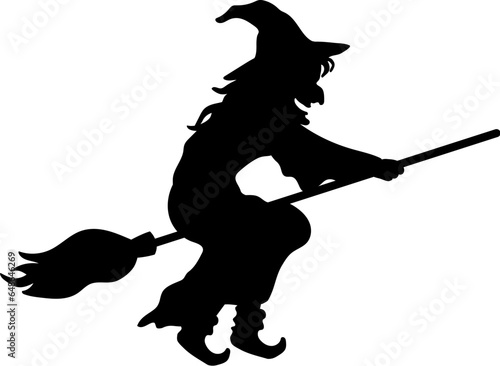 Halloween outlined black silhouette vector illustration element of a spooky flying wicked witch on a rightward broom. cute & fun isolated background material