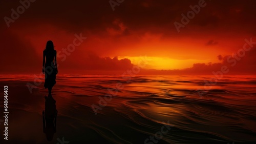 Depression Concept  Woman Silhouette by Red Ocean at Dusk 