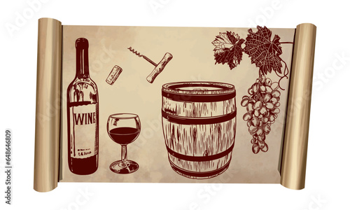 Bottle, glass, barrel of red wine, vine, leaves, corkscrew. Vector illustration on a vintage roll. Menus, wine lists, labels, banners, flyers.