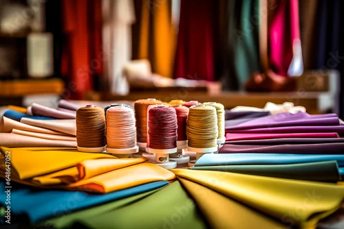 Fototapeta Vue intérieur d'un magasin de tissus, rayons avec tissus et bobines de fil