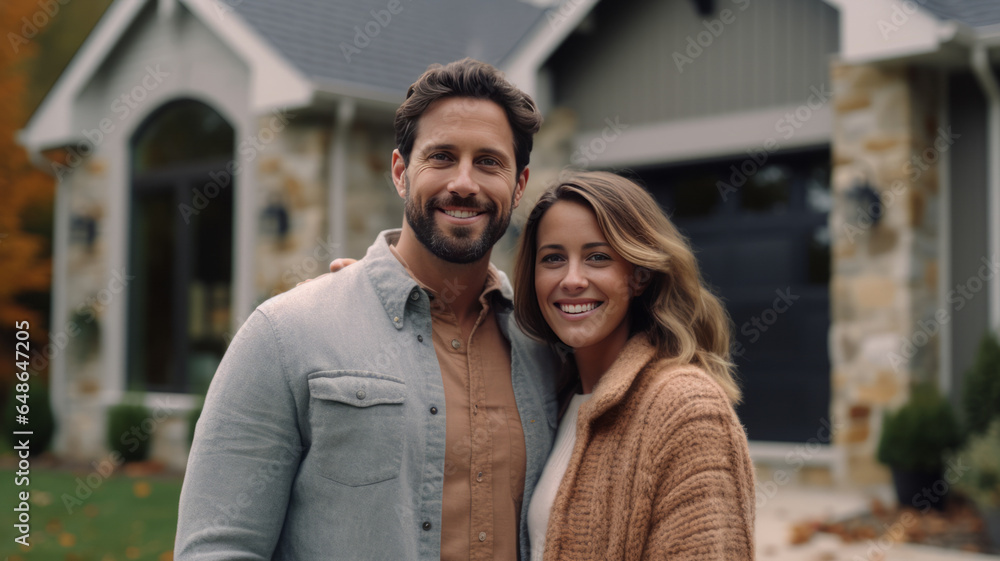 A happy Husband and wife stands smiling in front of a large house. new house concept creating a family.