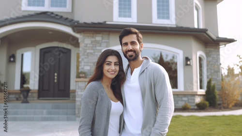 A happy Husband and wife stands smiling in front of a large house. new house concept creating a family.