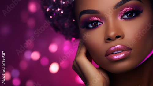 beautiful american african girl with hairstyle with makeup and pink sparkles in the studio