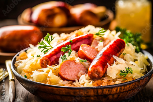 Plat traditionnel de choucroute alsacienne mijotée avec chou et saucisses