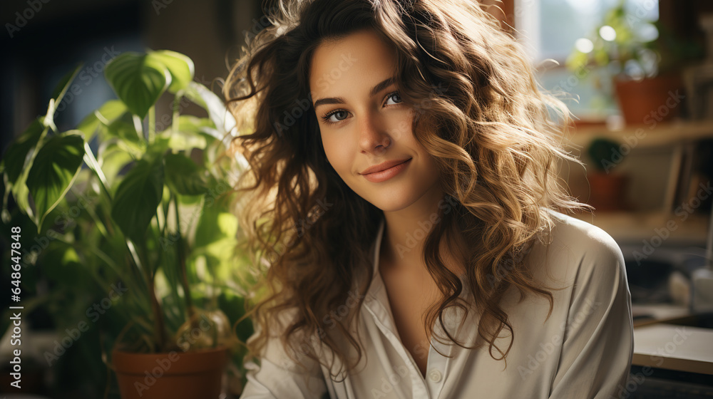 A young woman working at her laptop. Office background with plants. A young woman working at her laptop. Office background with plants.