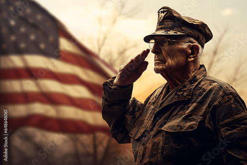 Veteran’s Saluting the US Flag -  Concept of Veterans Day, Flag Day, Memorial Day, Independence Day, Patriot Day photo