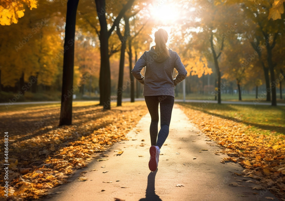 Fototapeta premium Young female athlete in sportswear running in park for evening time workout.Macro.AI Generative
