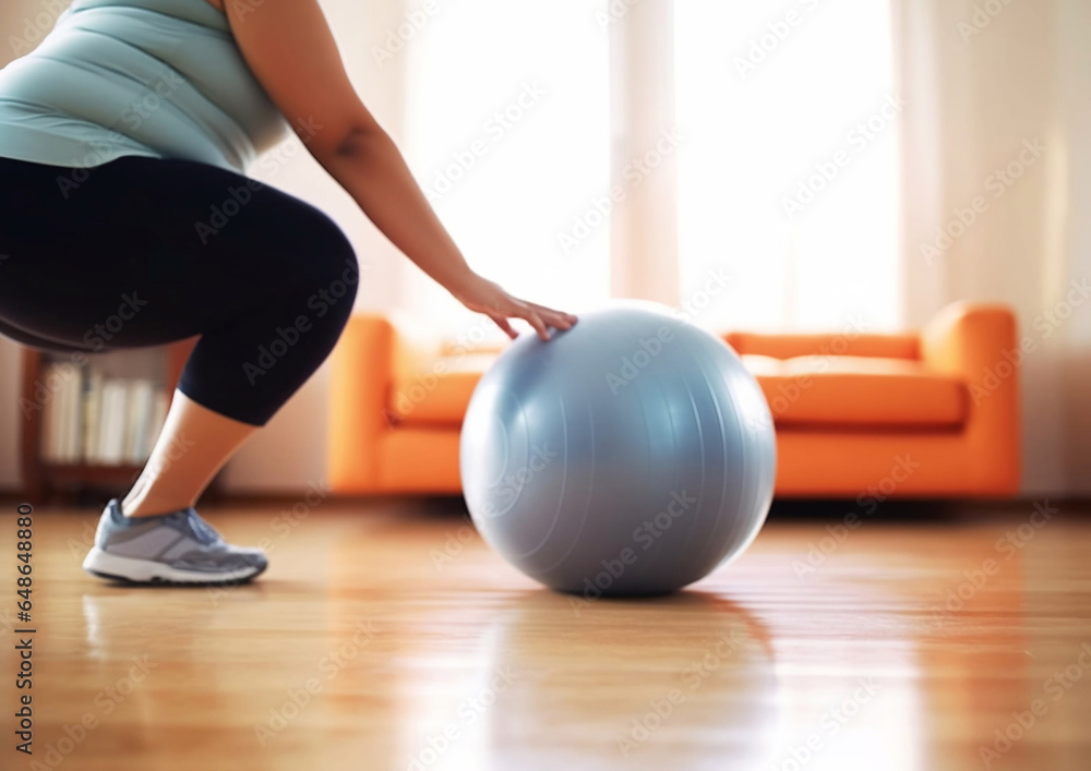 Naklejka premium Overweight young woman having exercise with fitness ball for healthy lifestyle.Macro.AI Generative.