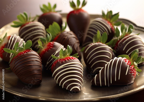 Dessert with strawberries covered with sweet chocolate in plate on light background.Macro.AI Generative
