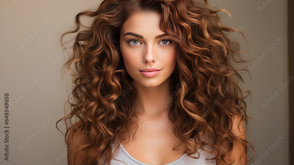 Woman with curly beautiful hair on gray background, girl with beauty short wavy hairstyle. Woman with curly beautiful hair on gray background, girl with beauty short wavy hairstyle.