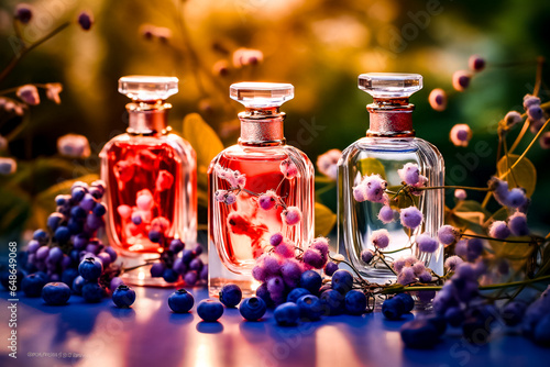 Trois flacons de parfum présenté avec des fleurs et des plantes