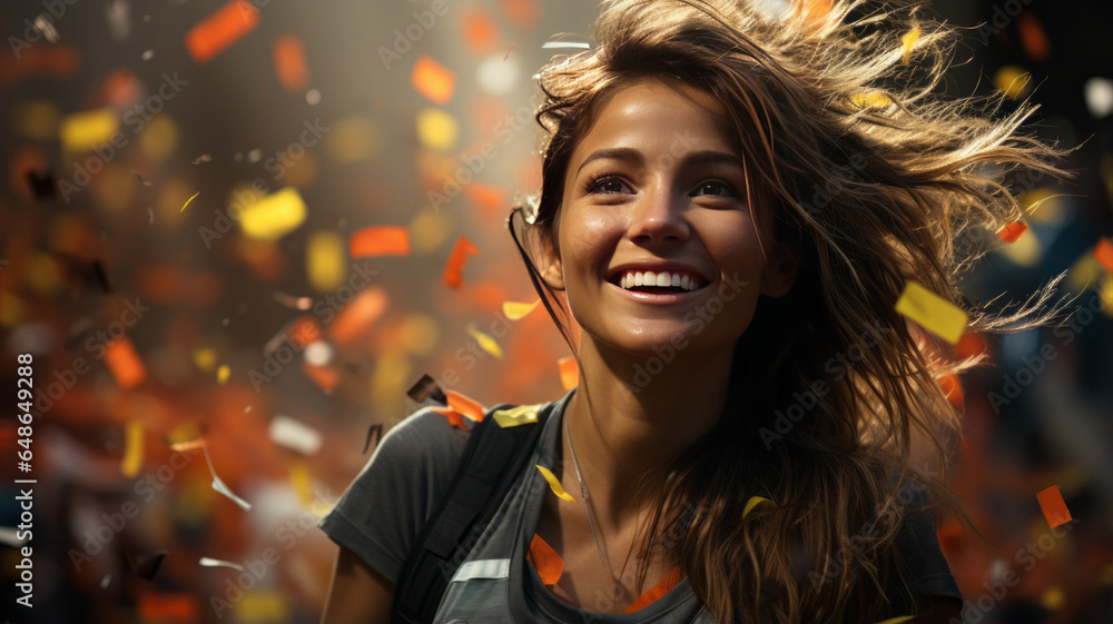 Portrait of a happy female sport player celebrating winning with confetti falling Portrait of a happy female sport player celebrating winning with confetti falling