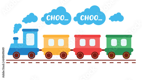Cute toy train locomotive for kid, engine, wagon, wheels and railway for child. Flat vector illustration for holiday, birthday and shop. Transport children game.
