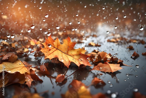  3d rending Close up of fallen leaves on ground in autumn covered in raindrops.
