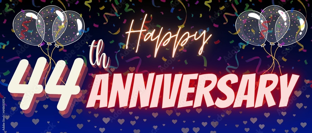44th or forty four anniversary background. Neon calligraphy text and number with Confetti, balloons isolated on elegant blue gradient background, sparkle, design, greeting card and invitation.  - obrazy, fototapety, plakaty 