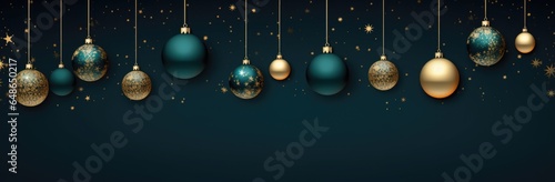 Blue and gold Christmas balls on turquoise background with stars and sparkles. New year decoration  festive atmosphere concept. Banner with copy space
