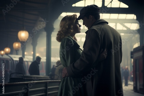 In a 1940s style train station, a couple shares fleeting parting glances amidst the swirl of steam. Their vintage attire and the ambient surroundings evoke a nostalgic romance. photo