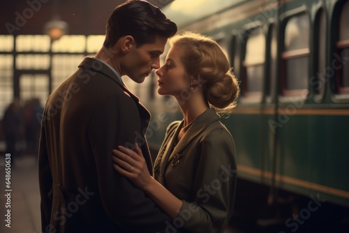 In a 1940s style train station, a couple shares fleeting parting glances amidst the swirl of steam. Their vintage attire and the ambient surroundings evoke a nostalgic romance. photo